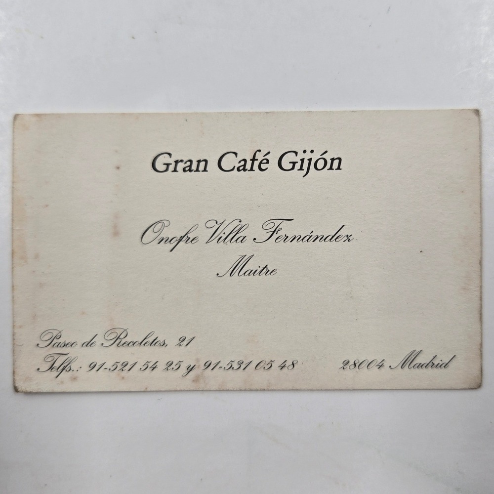 Vintage Gran Cafe Gijon Madrid Spain Business Card Onofre Villa Fernandez Maitre